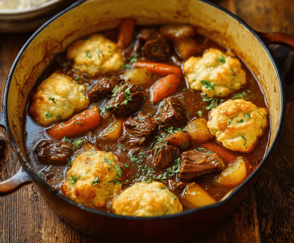 Hearty beef stew with tender meat and fluffy dumplings served in a rustic bowl