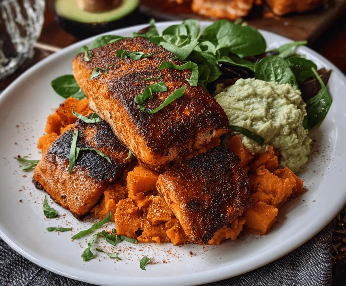 Delicious blackened salmon served with roasted sweet potatoes on a plate.