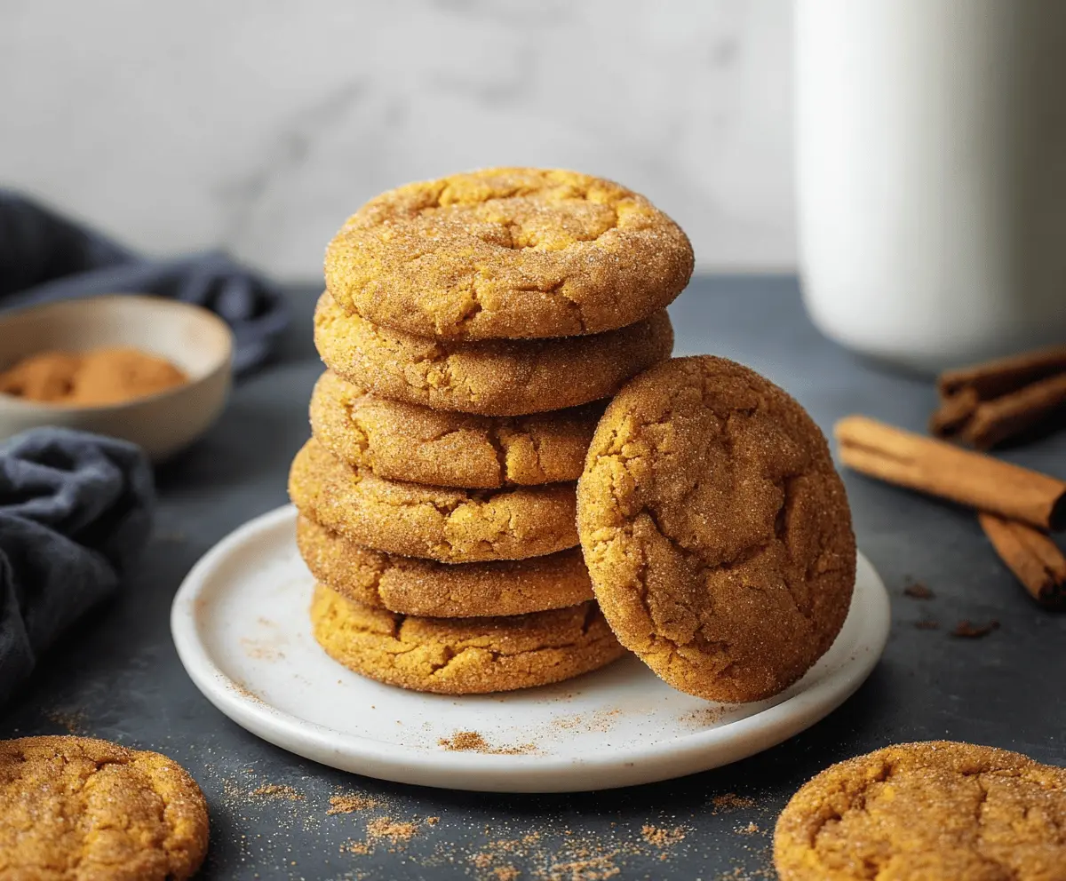 Delicious homemade brown butter pumpkin snickerdoodle cookies topped with cinnamon sugar on a rustic baking tray