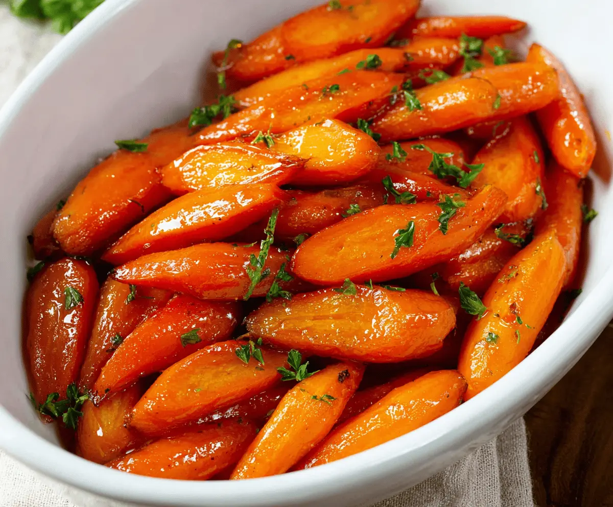 Golden glazed carrots topped with a shiny brown sugar glaze, garnished with fresh herbs, ready to serve as a delicious side dish.