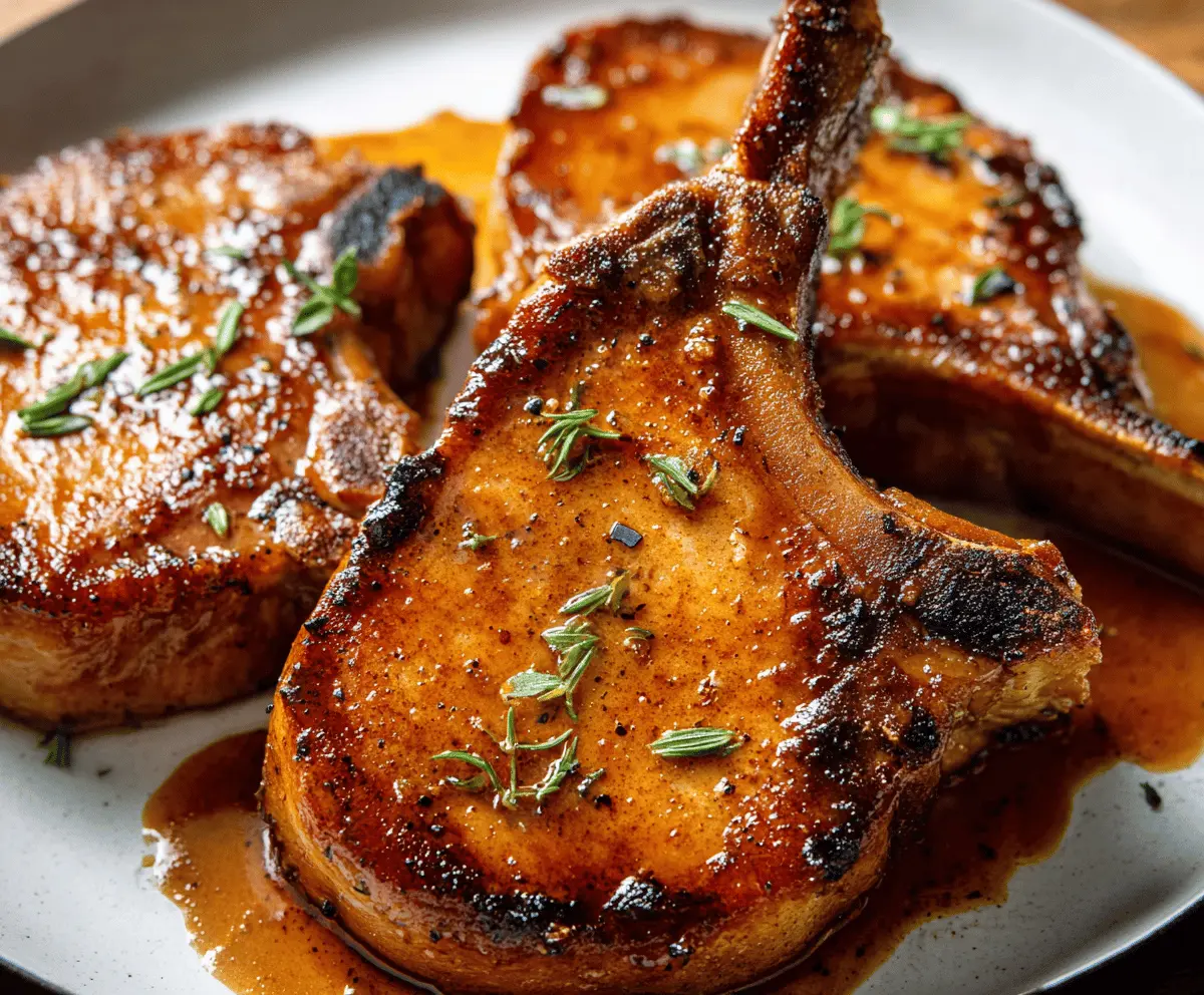 Juicy brown sugar glazed pork chops served with roasted vegetables on a plate