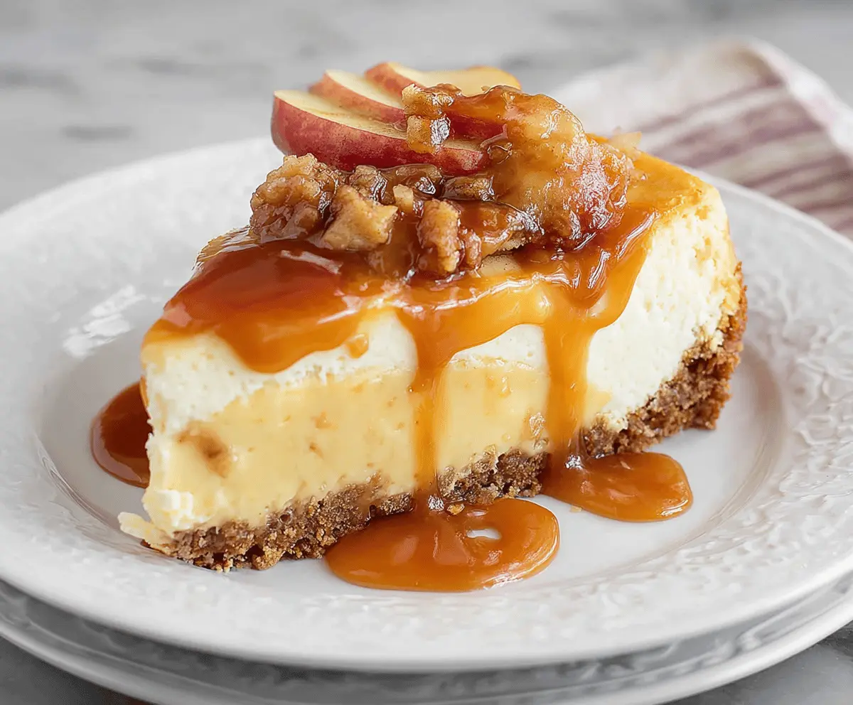 Delicious caramel apple cheesecake topped with caramel drizzle and fresh apple slices, perfect for fall desserts.