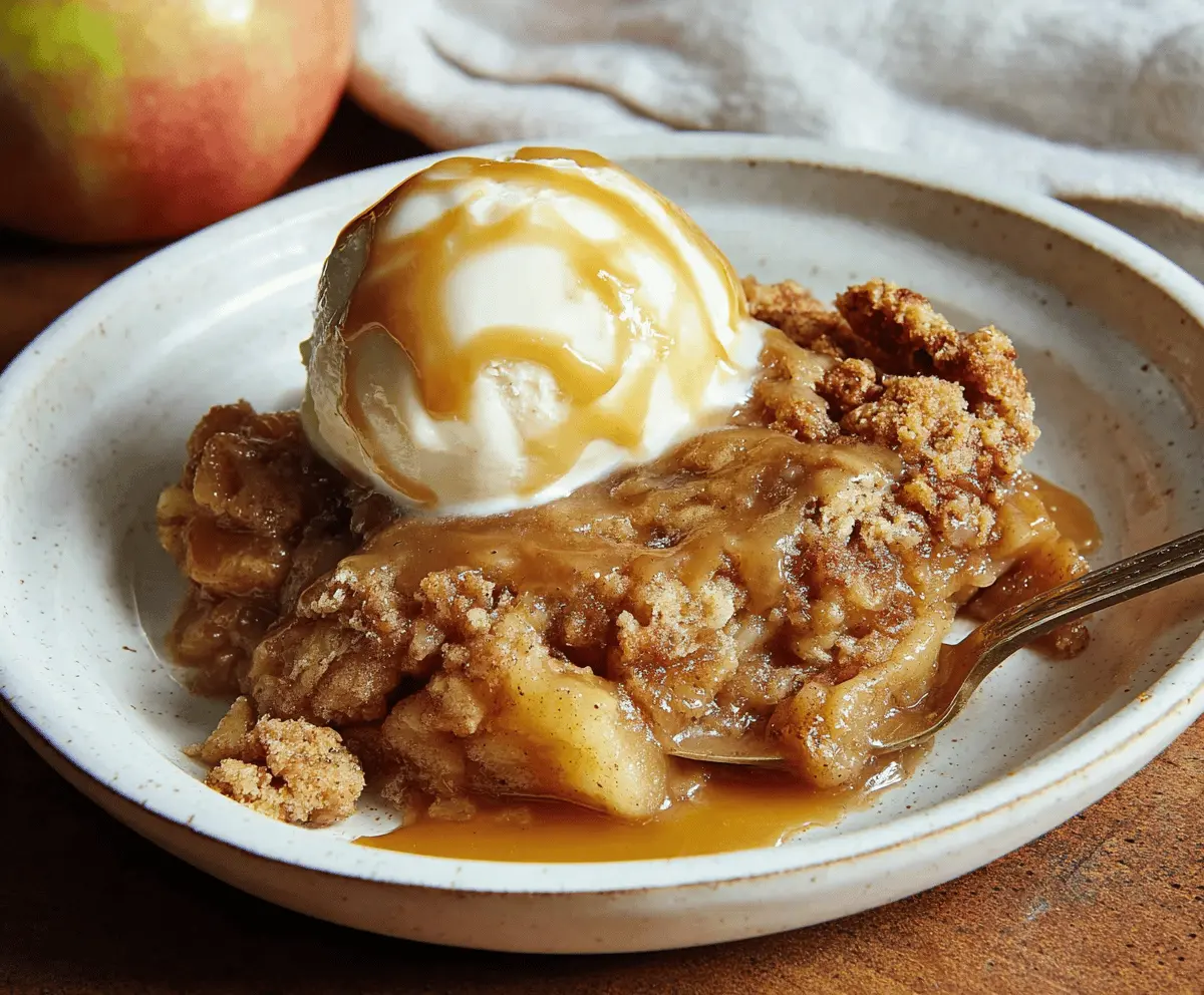 Delicious caramel apple dump cake topped with whipped cream and caramel drizzle, ready to serve