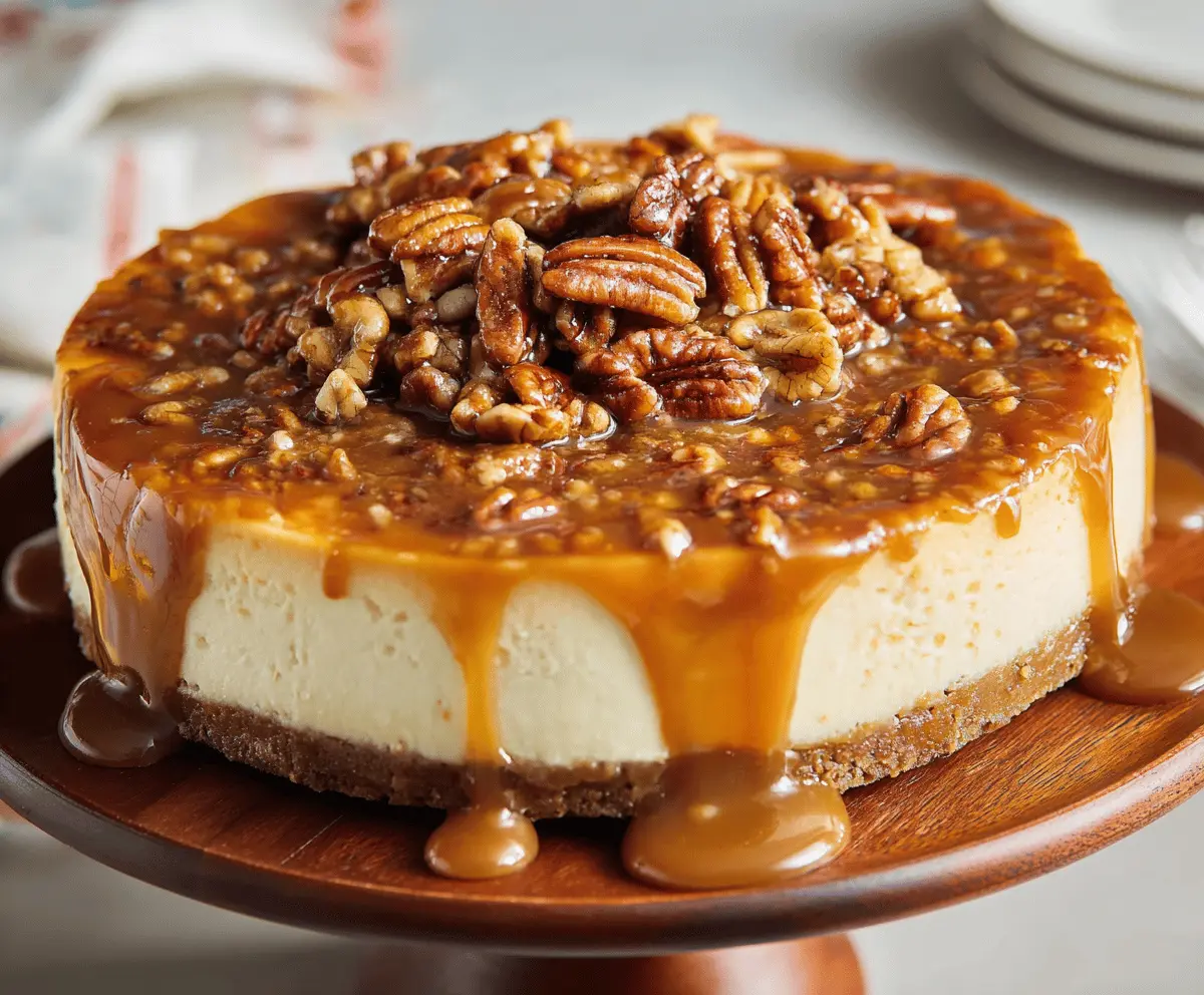 Delicious caramel pecan cheesecake topped with caramel drizzle and toasted pecans on a white plate