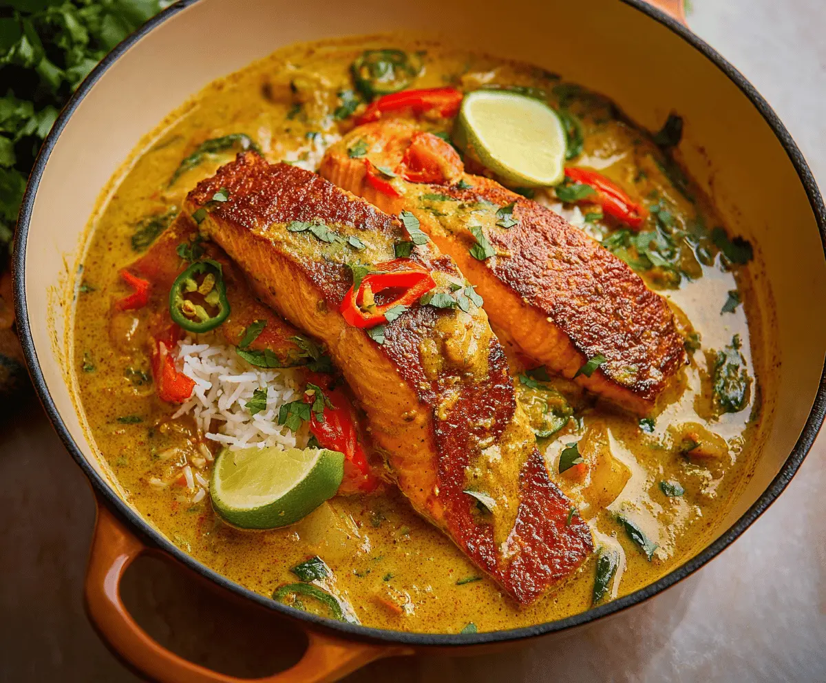 Delicious Caribbean Coconut Curry Salmon served on a plate with vibrant vegetables