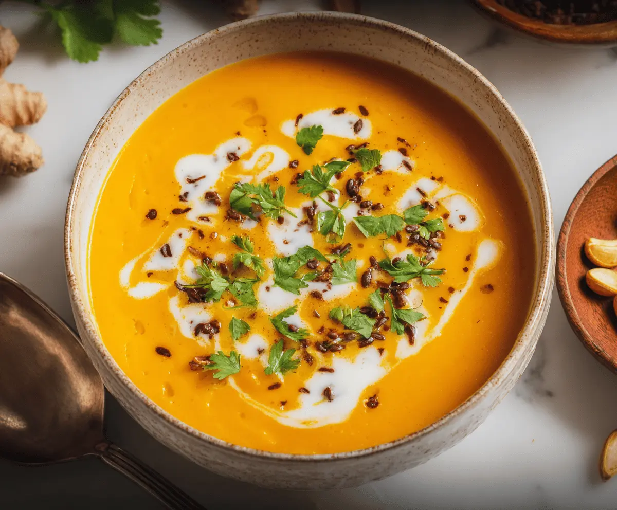 Creamy Carrot Ginger Soup served in a bowl with fresh herbs and a slice of bread, perfect for a warm, comforting meal.