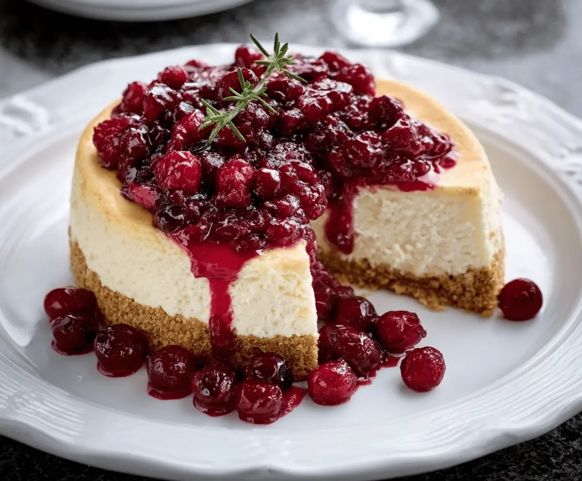 Creamy cheesecake topped with vibrant cranberry sauce, served on a decorative plate for a delicious holiday dessert.