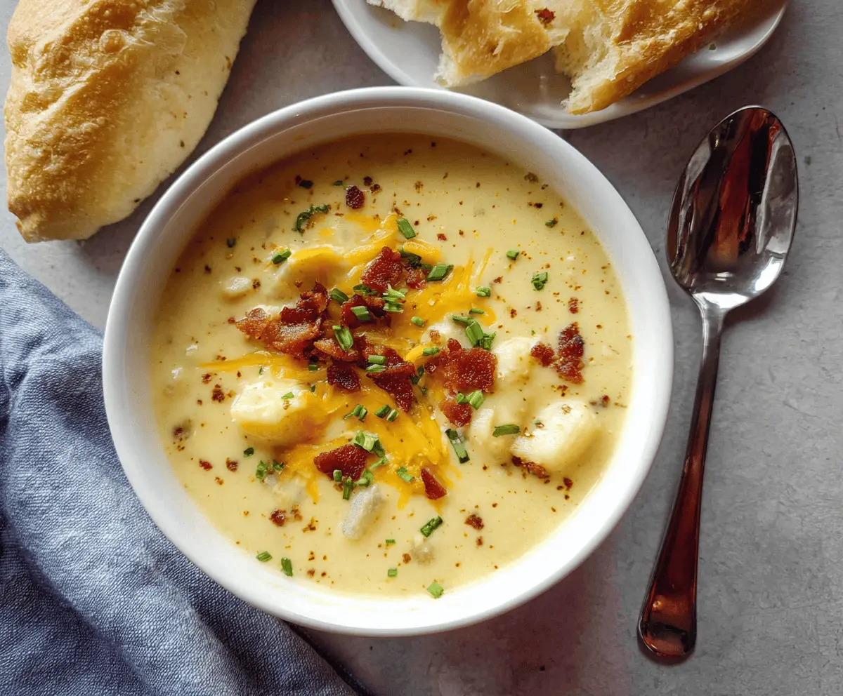 Creamy cheesy potato soup topped with melted cheese and fresh herbs in a rustic bowl, perfect for a warm and comforting meal.
