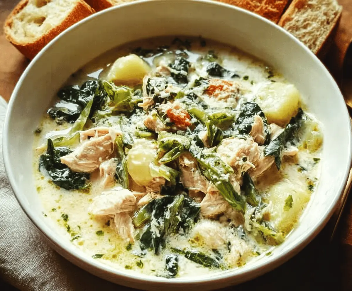 Creamy Chicken Florentine Soup with spinach and herbs in a bowl, garnished with fresh herbs and served with bread