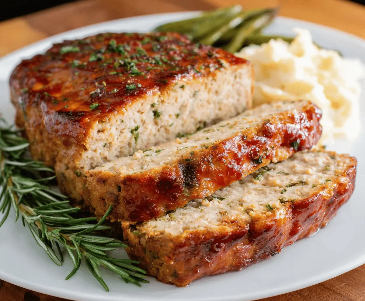 Delicious homemade chicken meatloaf garnished with herbs on a serving plate.