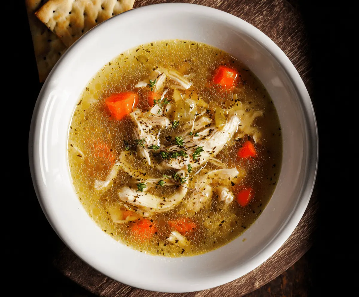 A steaming bowl of homemade chicken soup with vegetables and herbs, perfect for a comforting meal.