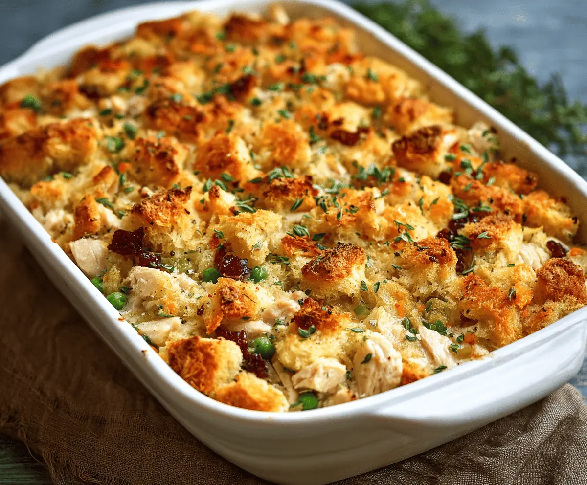 Delicious Chicken & Stuffing Casserole topped with golden crispy crust, served in a baking dish with tender chicken and savory stuffing