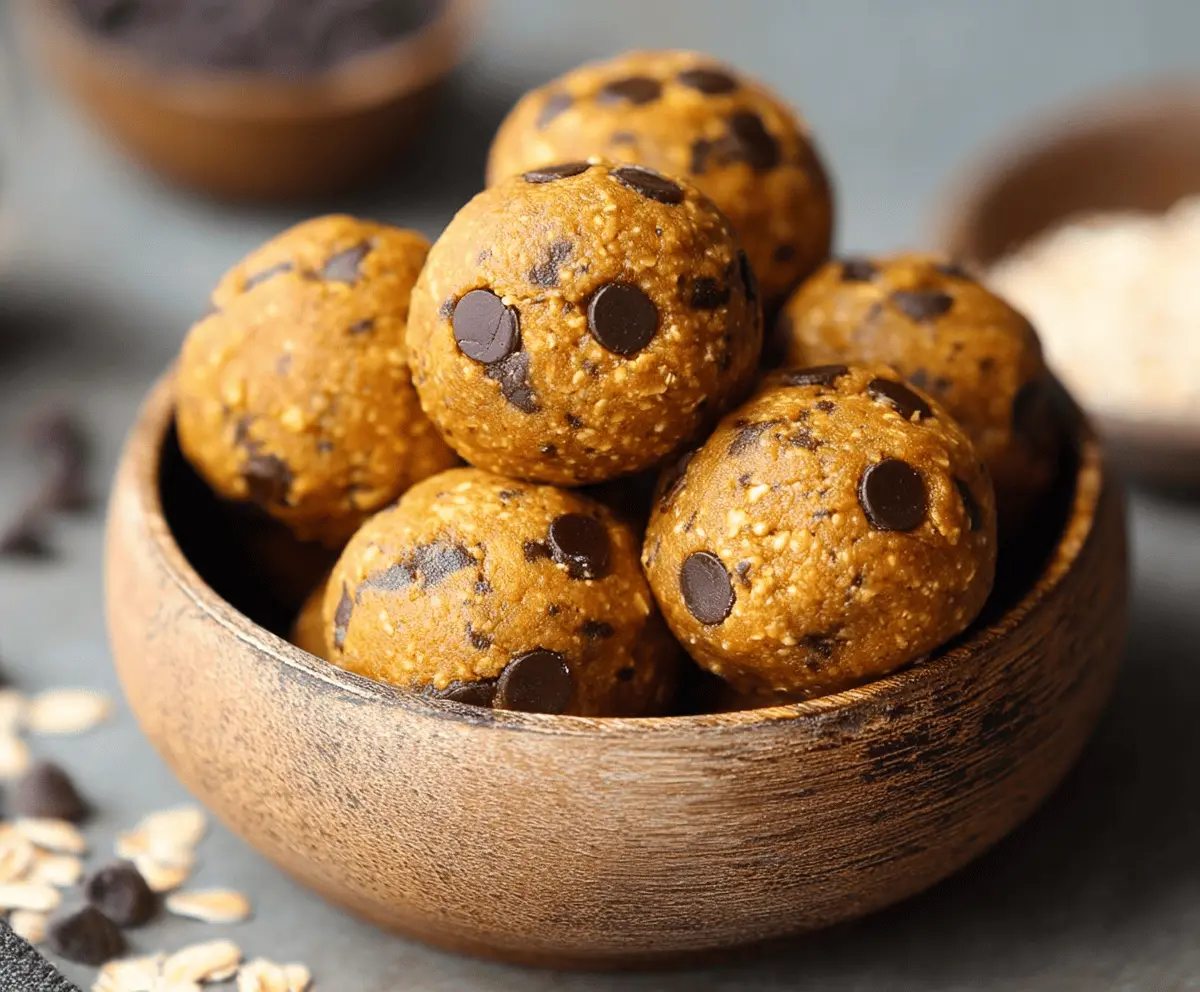 Delicious chocolate chip pumpkin protein balls on a white plate, healthy homemade snack with oats, pumpkin puree, chocolate chips, and protein powder