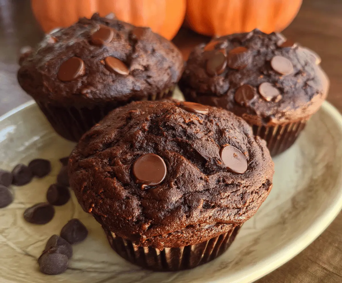 Delicious homemade chocolate pumpkin muffins topped with chocolate chips on a white plate, perfect for fall desserts