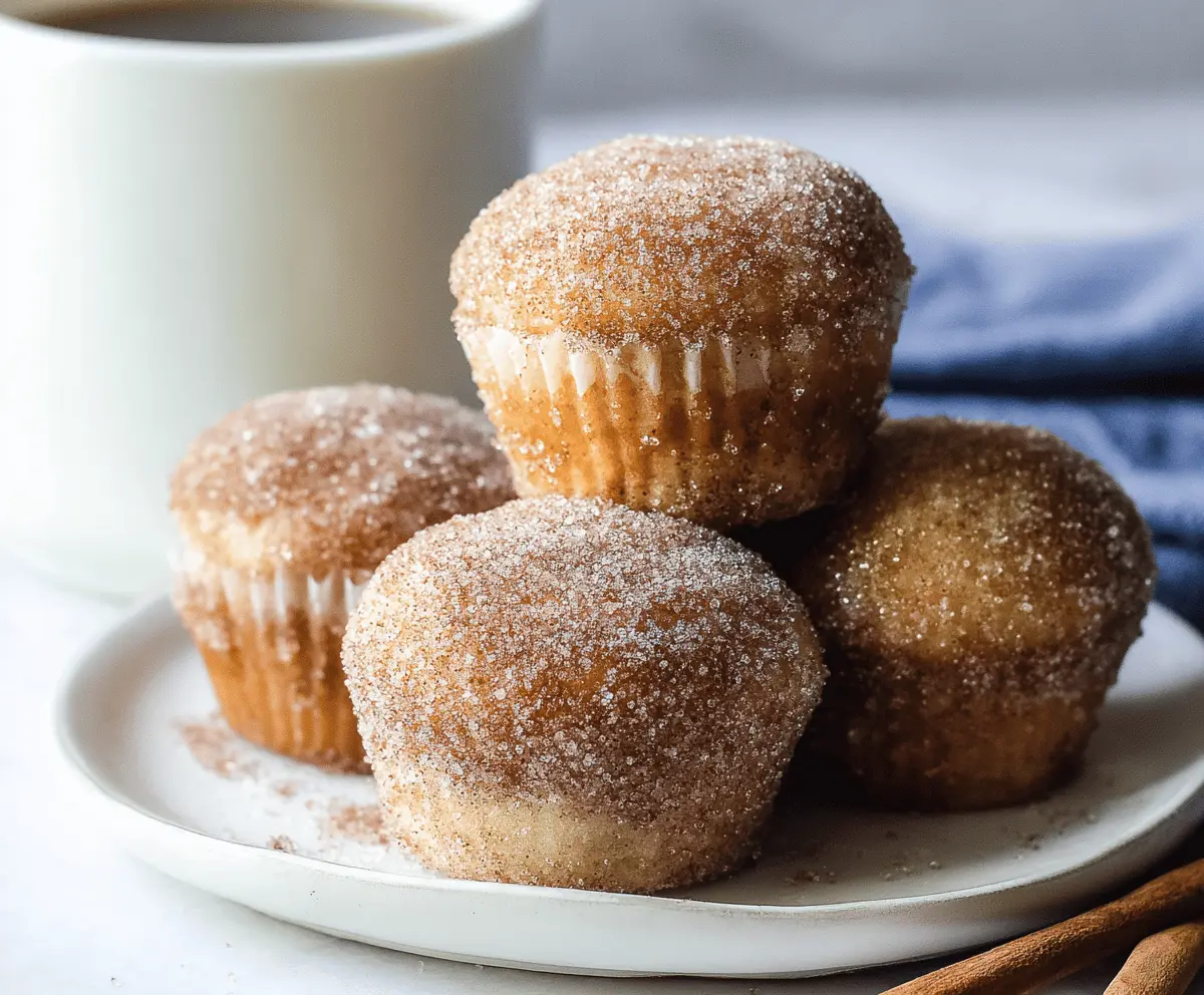 Delicious cinnamon sugar donut muffins with golden-brown tops on a rustic plate
