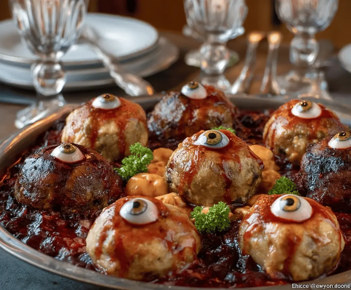 Colorful eyeball-shaped meatballs on a platter for a spooky Halloween feast, garnished with herbs and served with dipping sauces.