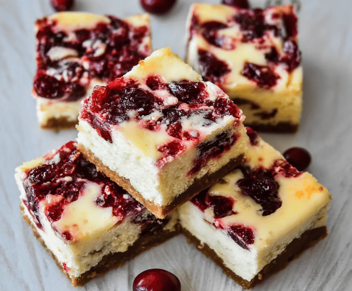 Creamy cranberry cheesecake bars with a golden crust and fresh cranberry topping on a white plate.