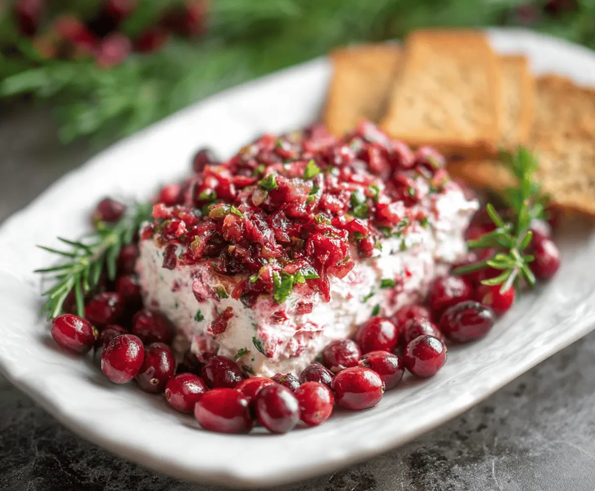 Creamy cranberry jalapeño dip garnished with fresh herbs and served with tortilla chips for a spicy, tangy appetizer.