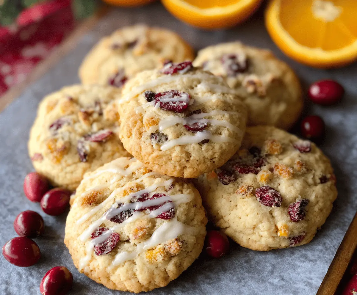 Delicious homemade cranberry orange cookies with fresh cranberries and orange zest on a rustic plate, perfect for holiday treats.
