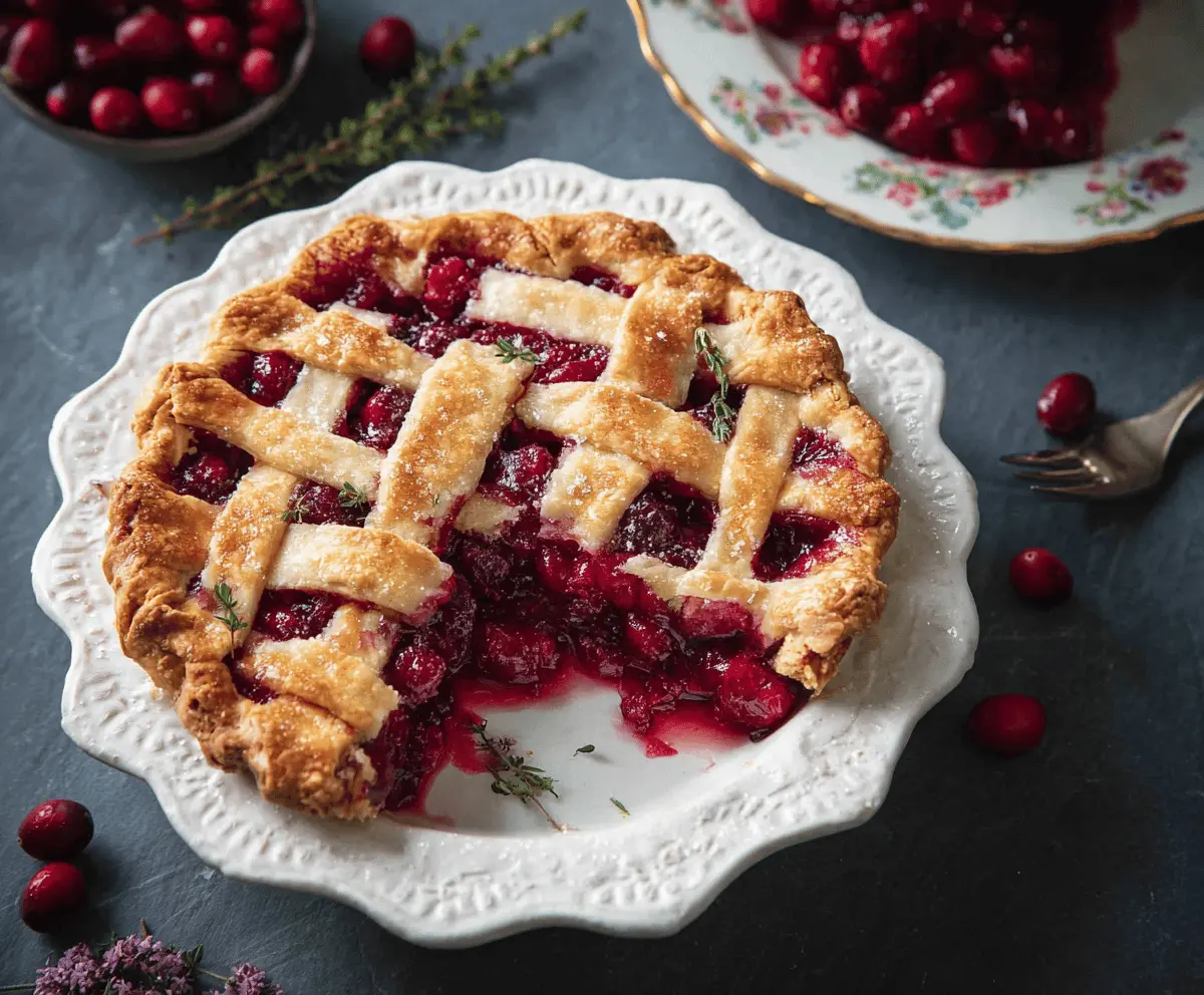 Delicious homemade cranberry pie topped with fresh cranberries and a golden crust, perfect for the holiday season.