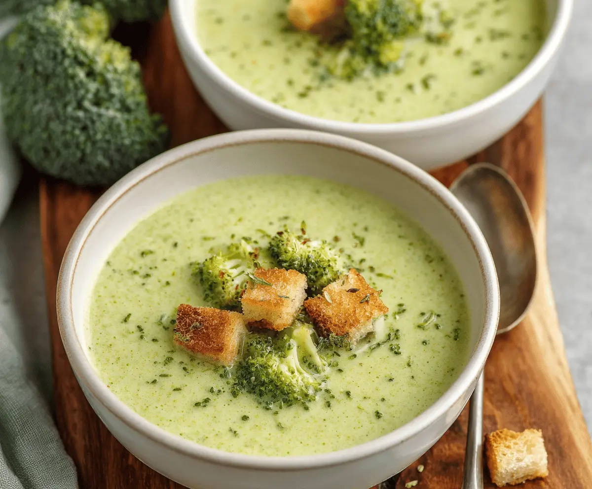 Cream of Broccoli Soup in a bowl topped with fresh herbs, served with bread on a rustic wooden table.