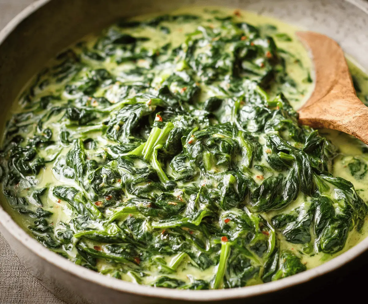 Creamed spinach served in a white bowl with a creamy texture and fresh spinach leaves, perfect for a delicious side dish.