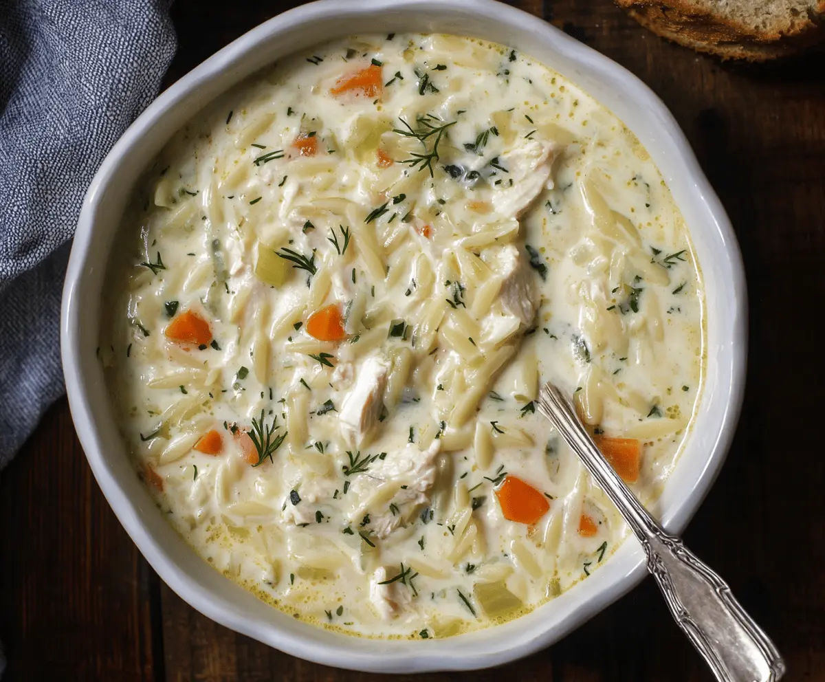Creamy Chicken Orzo Soup in a bowl with tender chicken, orzo pasta, vegetables, and fresh herbs, garnished for a comforting, homemade meal