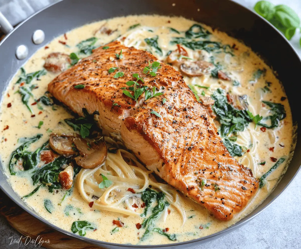 Creamy Garlic Tuscan Salmon served with fresh herbs and lemon wedges on a white plate
