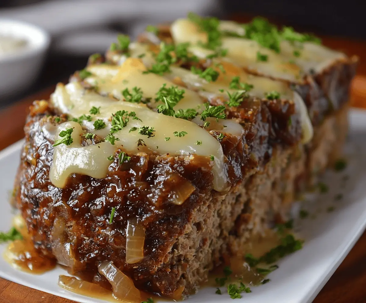 Delicious Crockpot French Onion Meatloaf topped with melted Swiss cheese, served with caramelized onions and fresh herbs