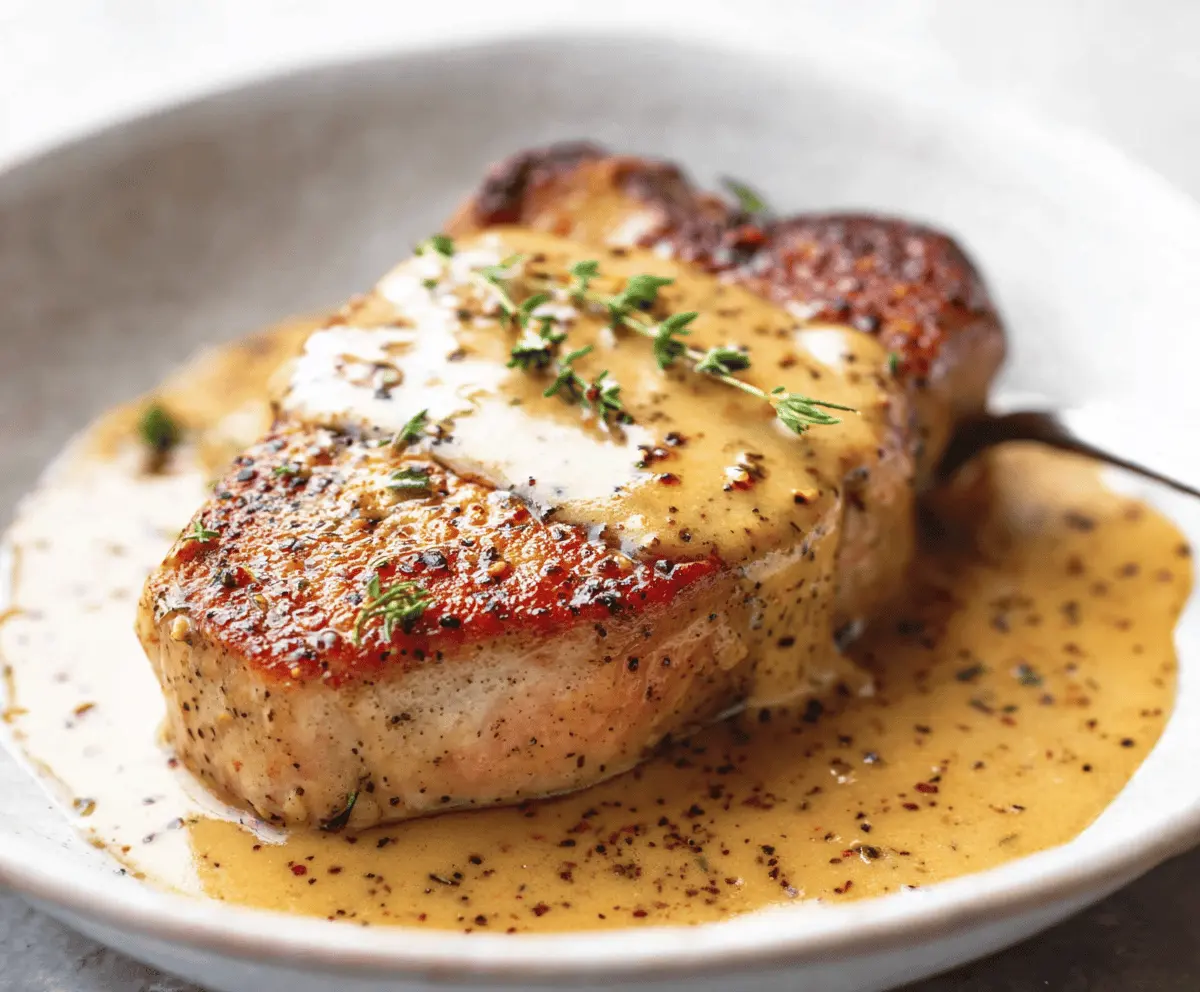 Juicy Dijon Pork Chops served with fresh herbs and vegetables on a white plate, perfect for a flavorful dinner recipe.