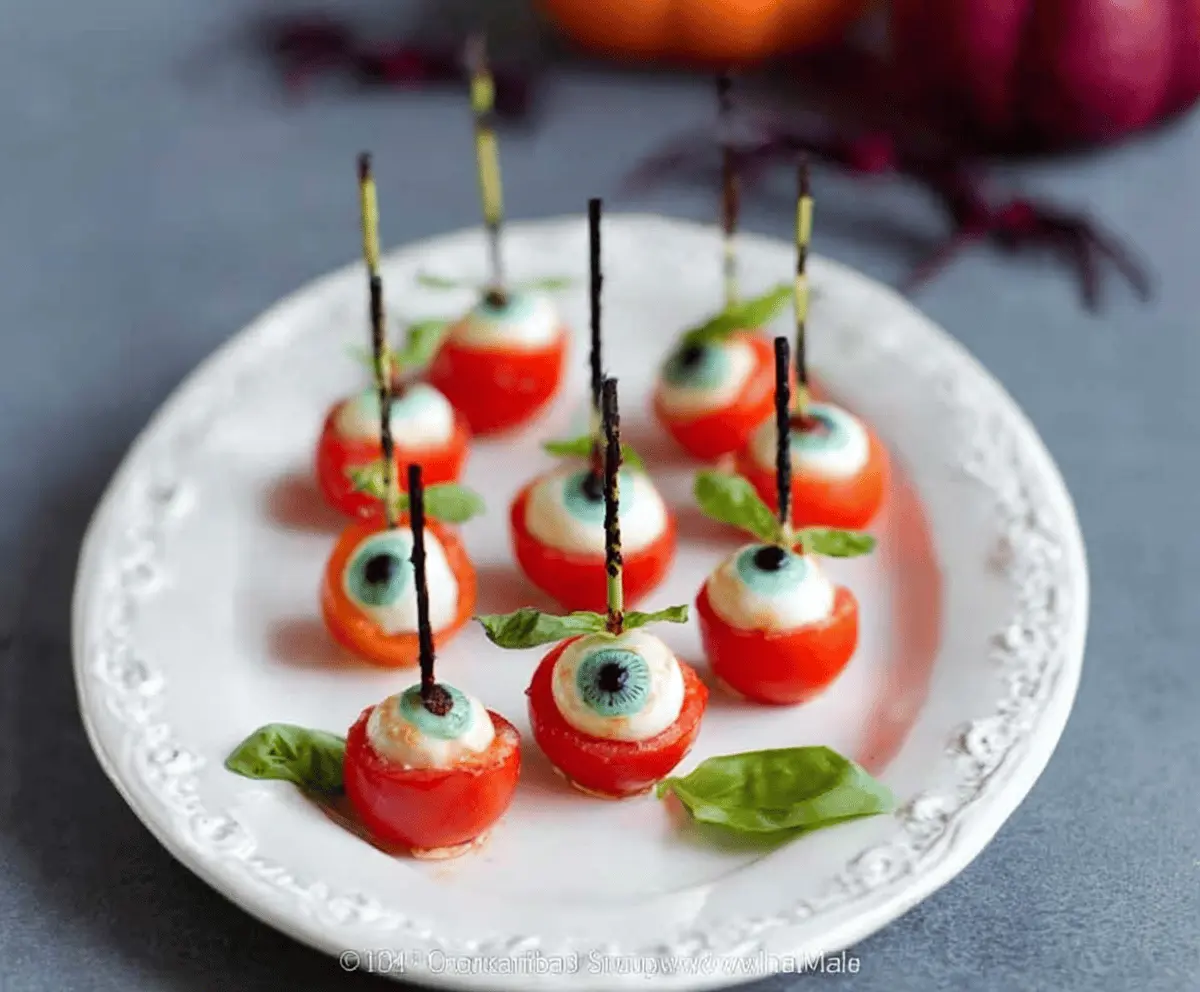 Colorful Eyeball Caprese Skewers with cherry tomatoes, fresh mozzarella balls, and basil leaves, garnished to resemble spooky eyeballs for a fun Halloween appetizer