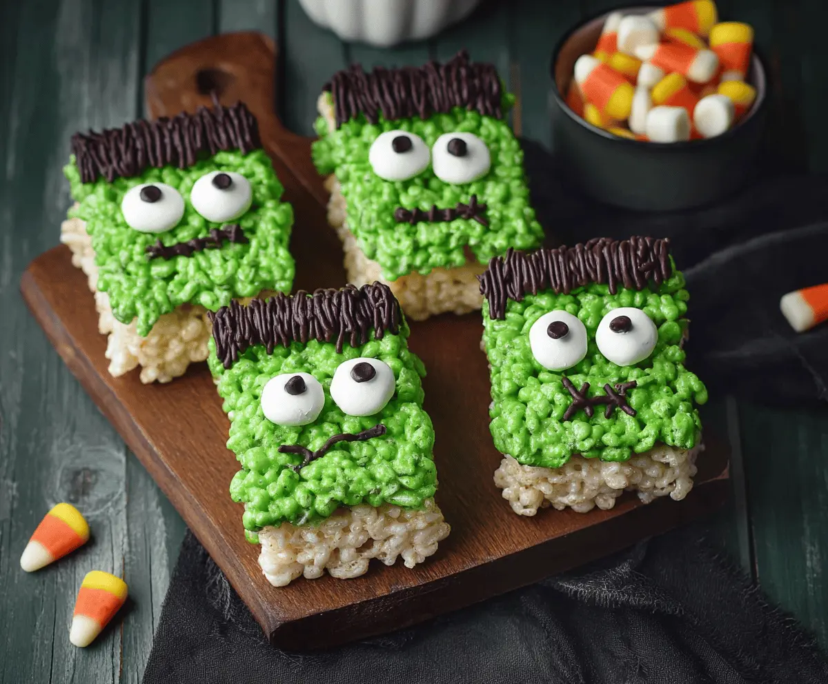 Colorful Frankenstein Rice Krispie Treats decorated with green icing, candy eyes, and fun monster details for a festive Halloween snack