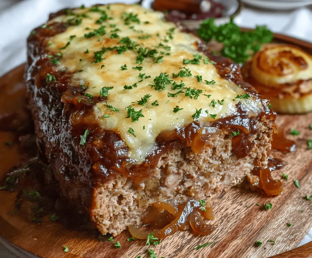 Delicious French Onion Meatloaf garnished with caramelized onions and fresh herbs