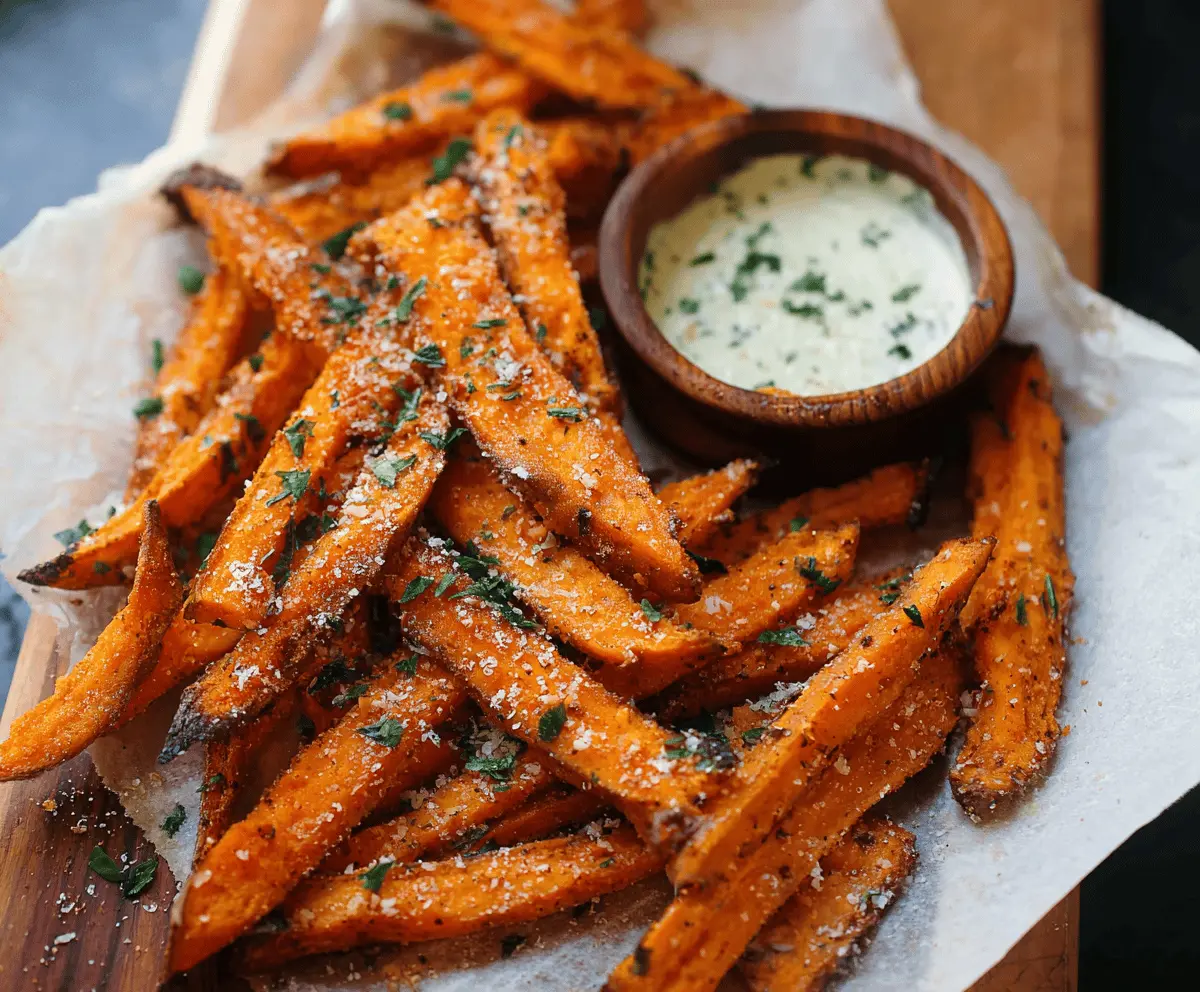 Golden crispy garlic sweet potato fries served on a rustic plate, perfect for a healthy snack or side dish.