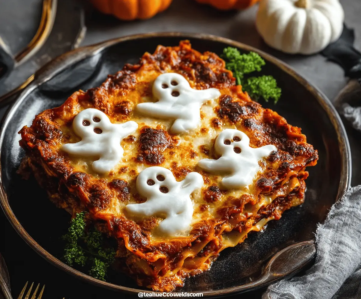 A spooky ghost-shaped lasagna with a creamy white sauce, topped with black olives for eyes, served on a dark plate for a Halloween-themed ghostly meal.