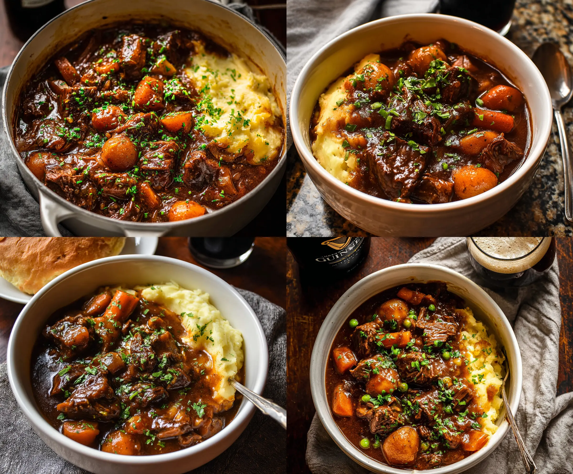 Hearty Guinness Beef Stew with tender beef chunks, vegetables, and rich gravy served in a rustic bowl.