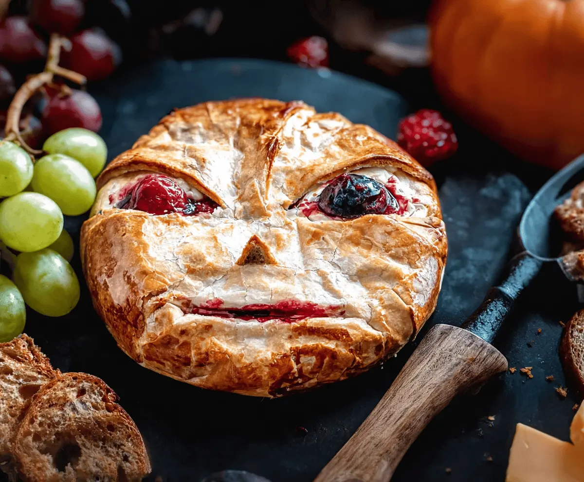 Delicious Halloween Baked Brie topped with spooky decorations, perfect for a festive party appetizer.