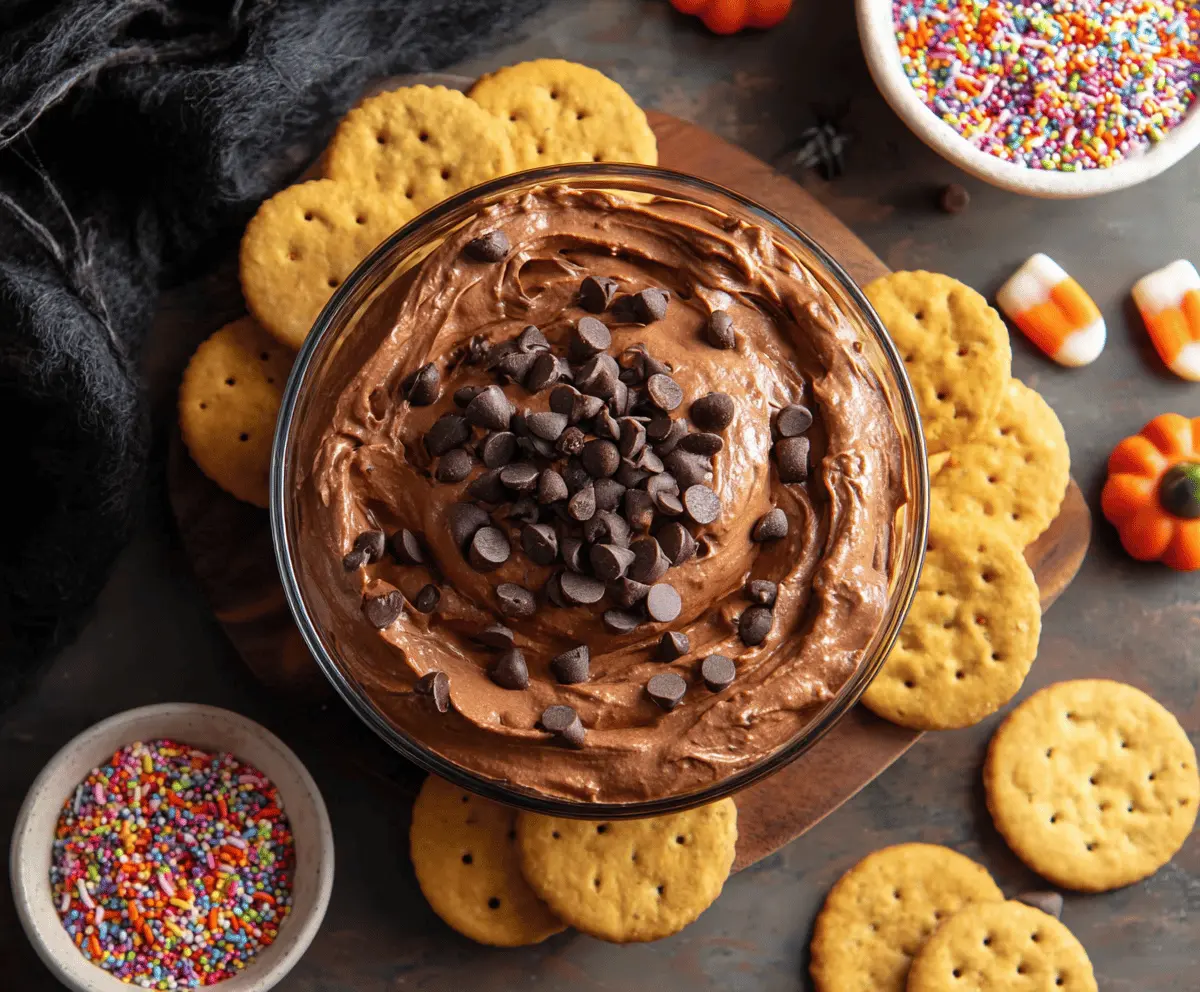 Creamy Halloween Brownie Batter Dip topped with colorful sprinkles, perfect for spooky parties and sweet treats