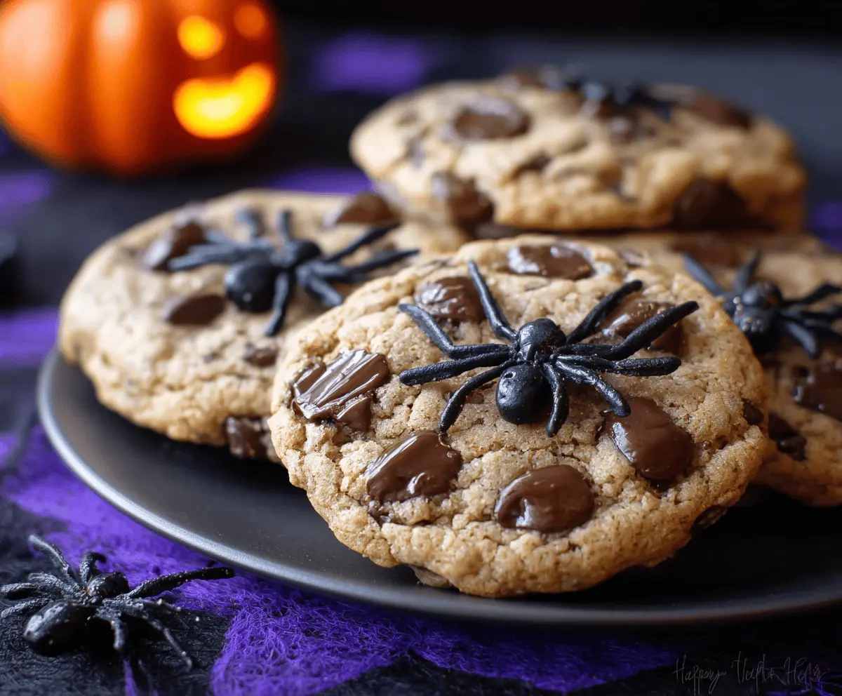 Delicious Halloween-themed chocolate chip cookies with festive orange and black sprinkles, perfect for celebrating Halloween parties and gatherings.