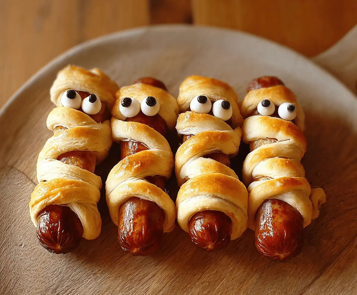 Creepy Halloween mummy sausages wrapped in crescent roll bandages with googly eyes on a spooky platter for festive fun