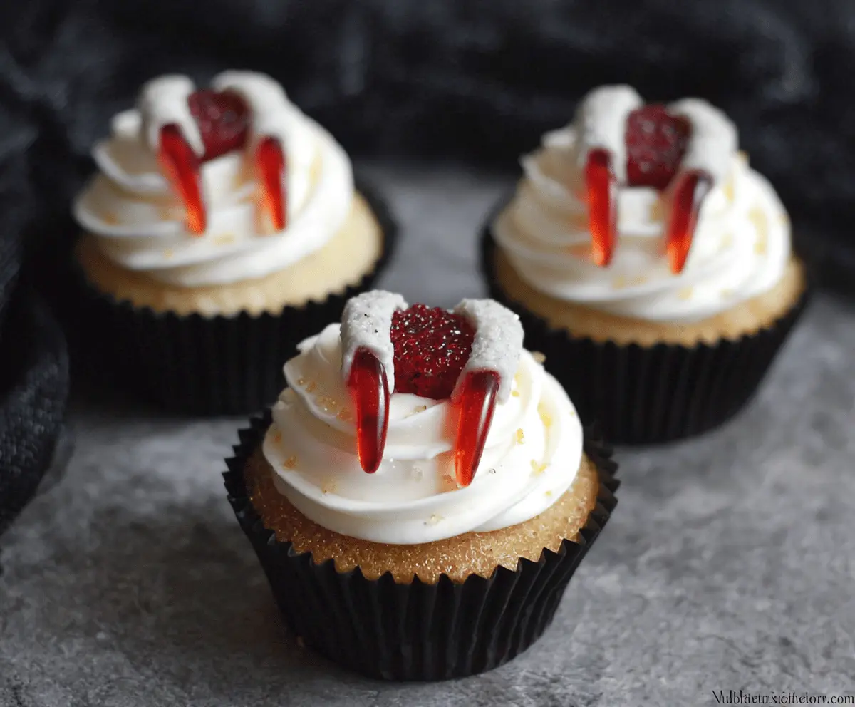 Delicious Halloween Vampire Bite Cupcakes with red gooey center and spooky vampire fang decoration for Halloween party treats