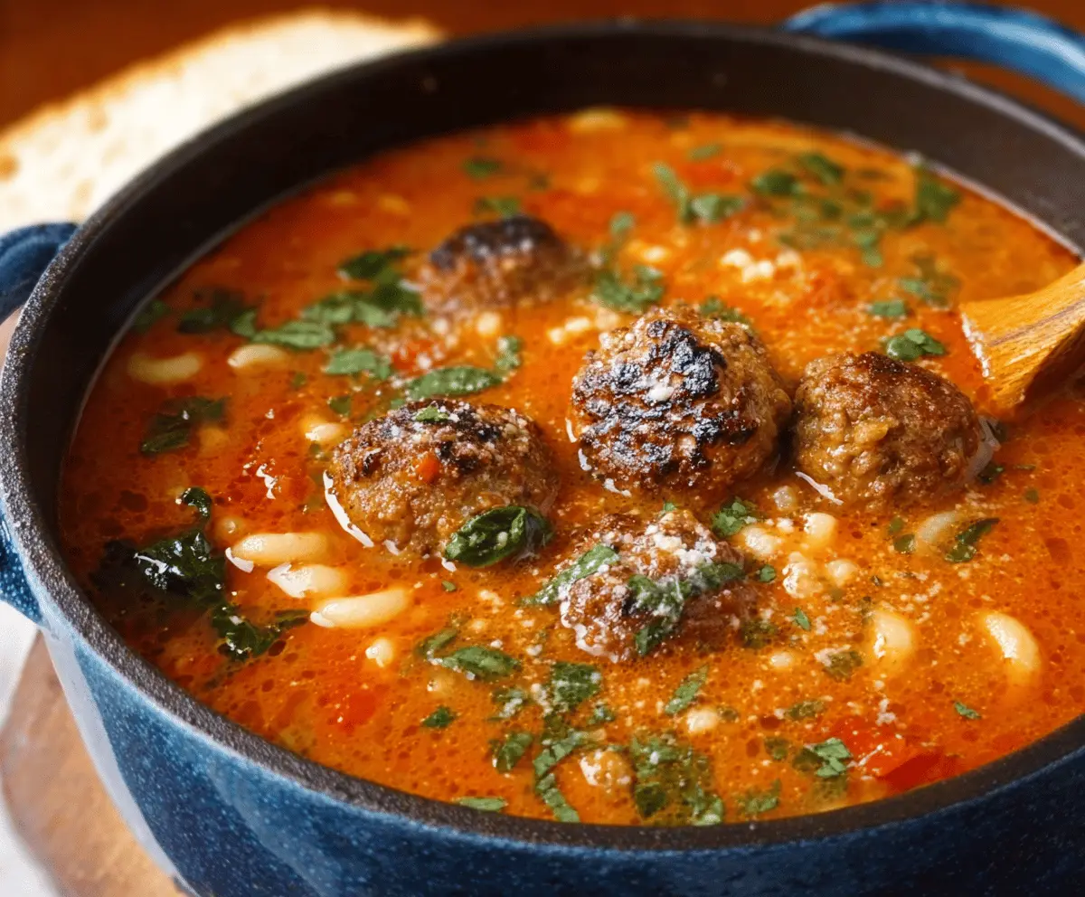 A steaming bowl of Italian Meatball Soup garnished with fresh herbs, featuring tender meatballs, vegetables, and a flavorful broth.
