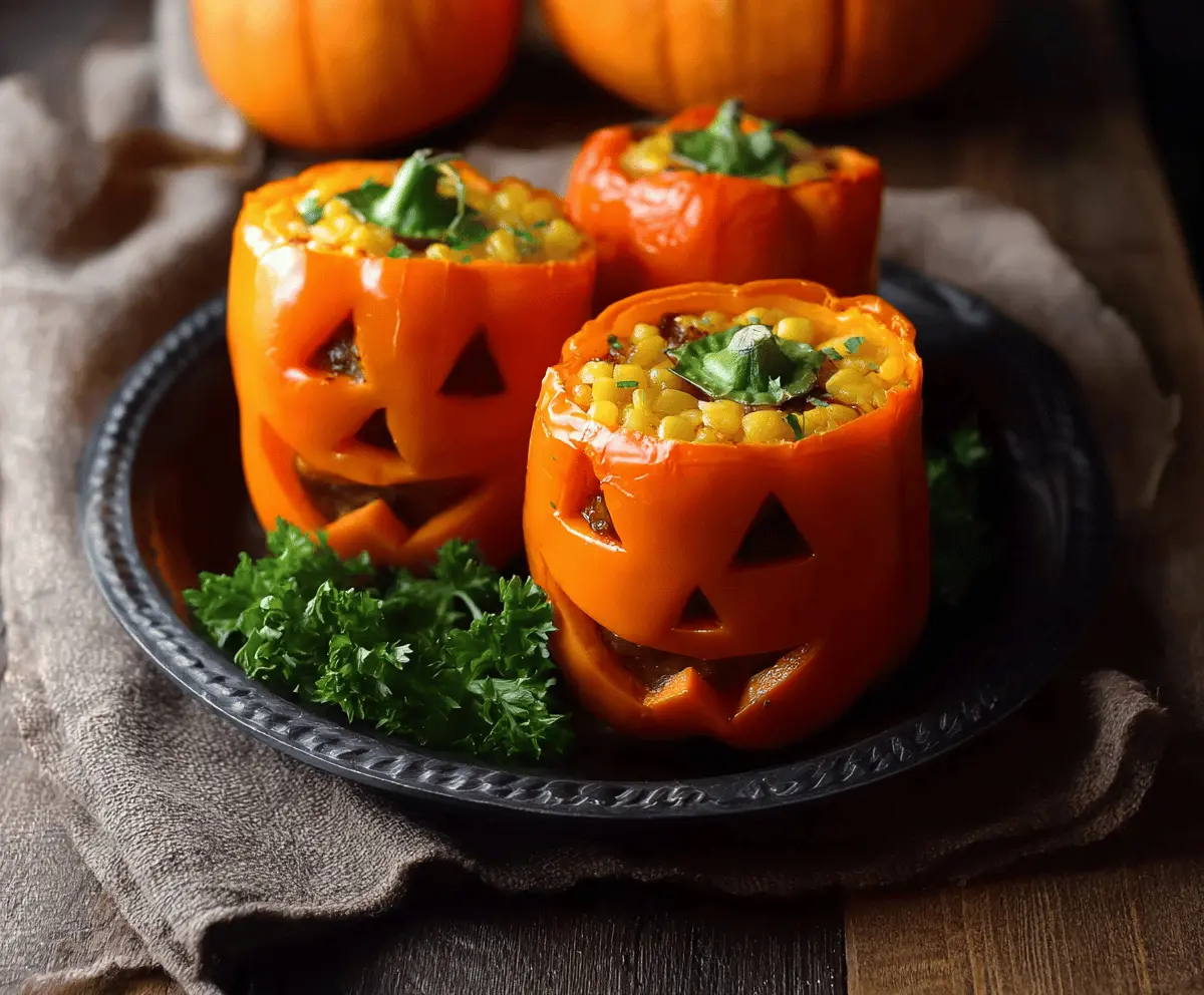 Colorful Jack-O’-Lantern Stuffed Peppers filled with savory ingredients, perfect for Halloween-themed meals and festive gatherings.