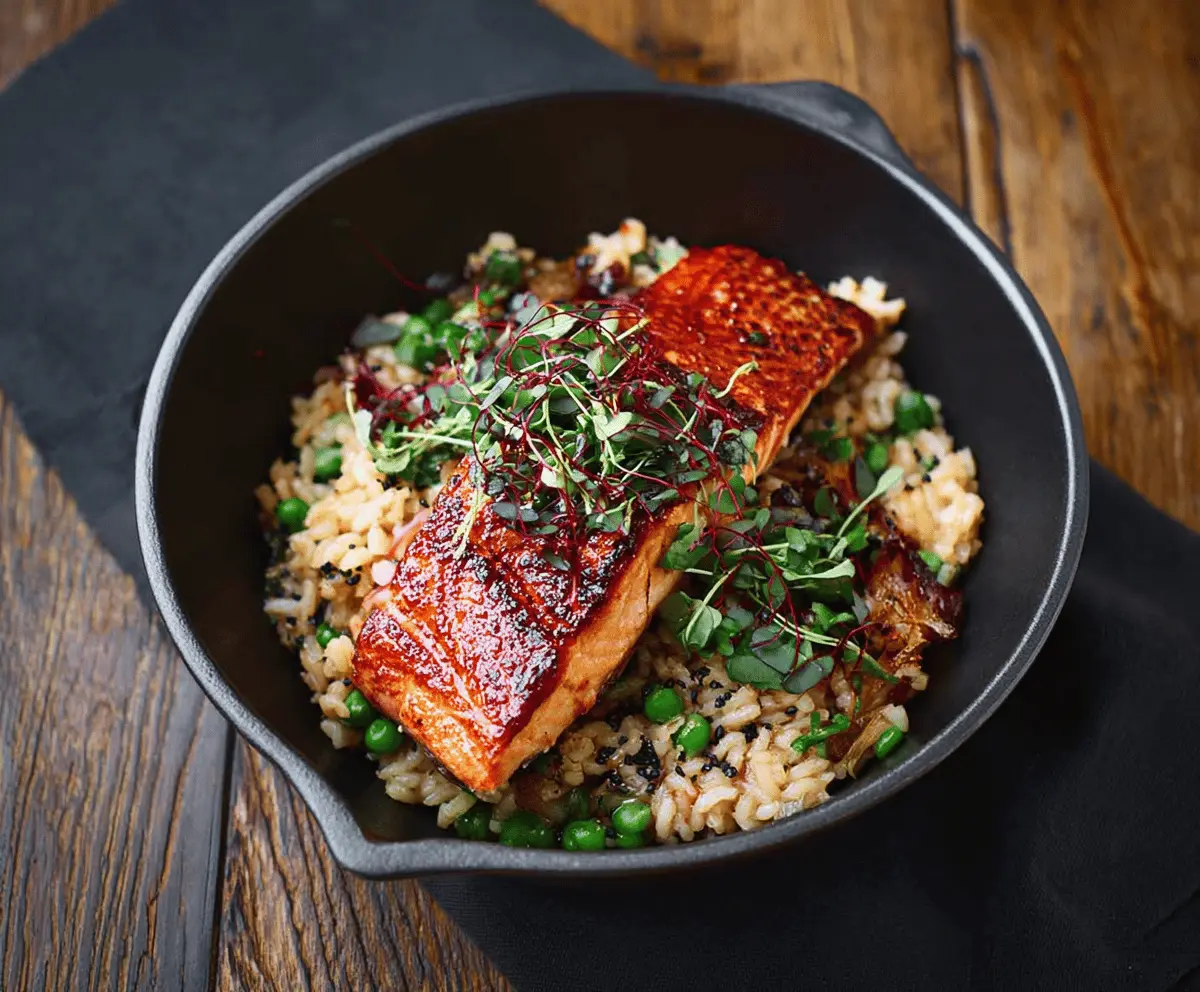 Creamy Japanese-style risotto topped with perfectly seared salmon fillet and garnished with green onions, served on a white plate.