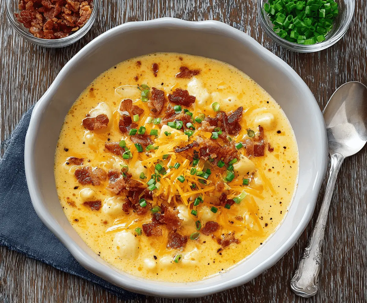 Creamy homemade mac and cheese soup with melted cheese and pasta served in a bowl, perfect for comfort food.