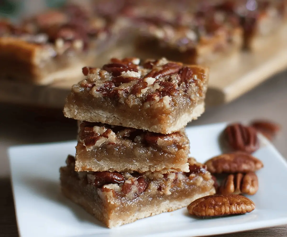 Delicious Maple Pecan Pie Bars topped with walnuts and drizzled with maple syrup on a rustic wooden table.