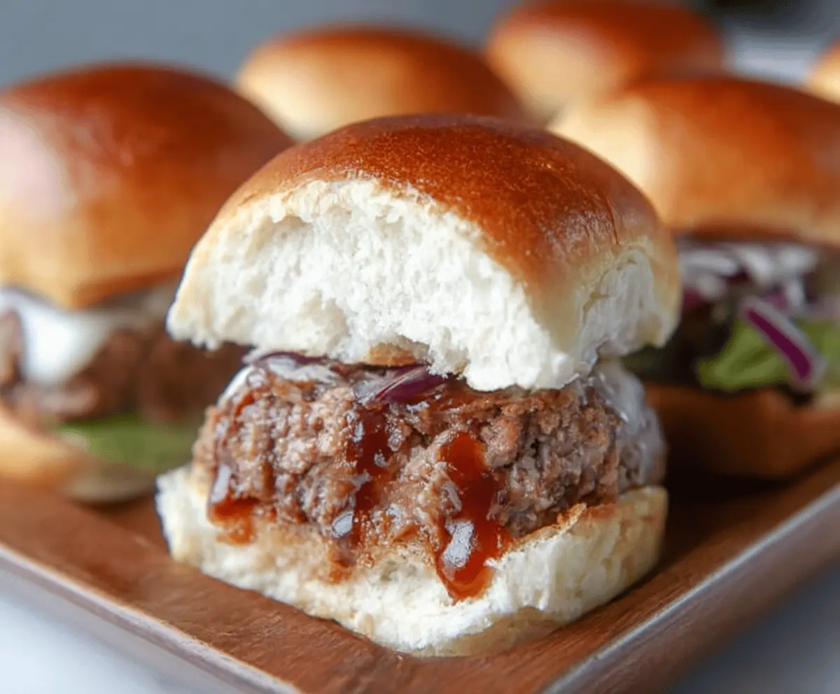 Juicy meatloaf sliders topped with melted cheese and fresh herbs on a toasted bun, perfect for a delicious appetizer or dinner