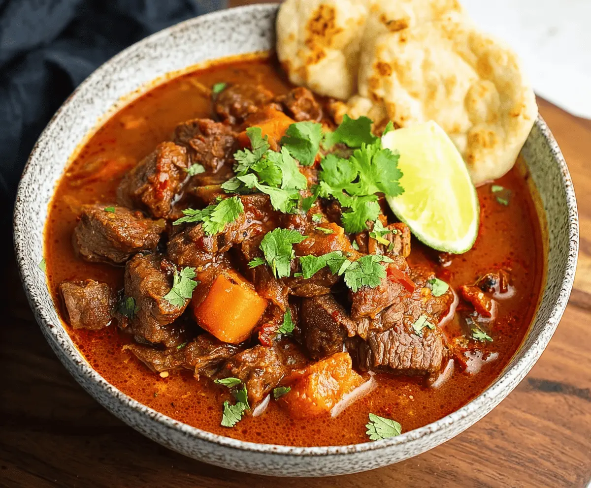 Hearty Mexican Beef Stew with tender beef, vegetables, and flavorful spices served in a rustic bowl