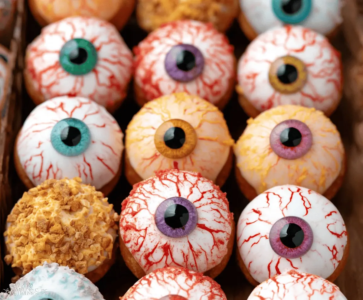 Colorful Monster Donut Eyeballs with bright icing, spooky edible eyeballs, and playful decorations for a fun Halloween treat