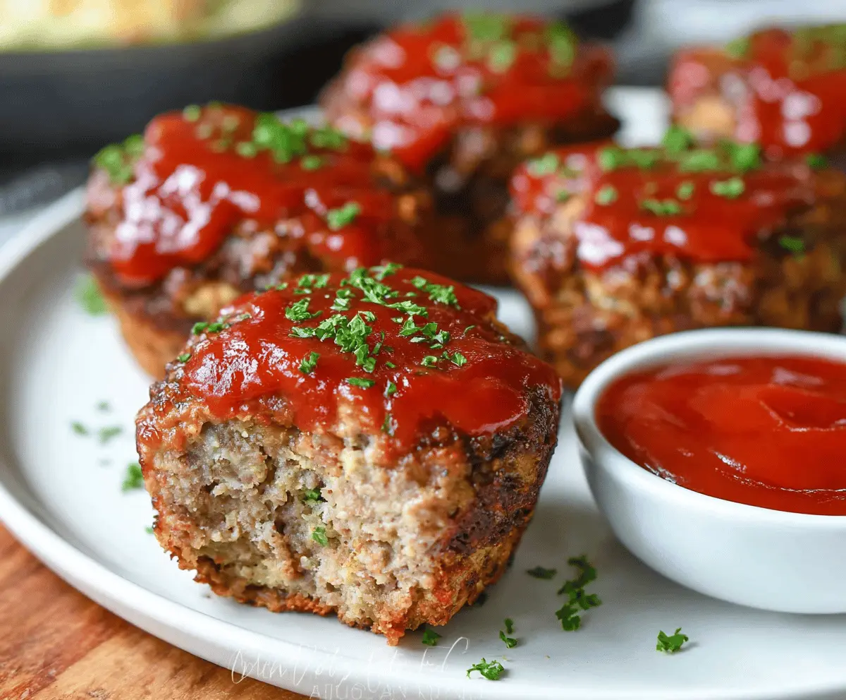 Delicious homemade muffin tin meatloaf baked in a muffin pan, topped with fresh herbs and served with a side of vegetables